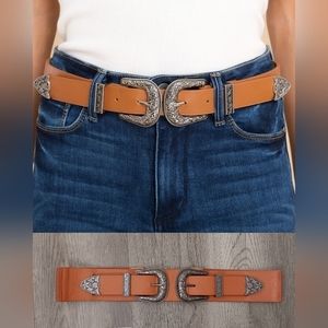 Wild West Western Double Buckle Fashion Belt Camel